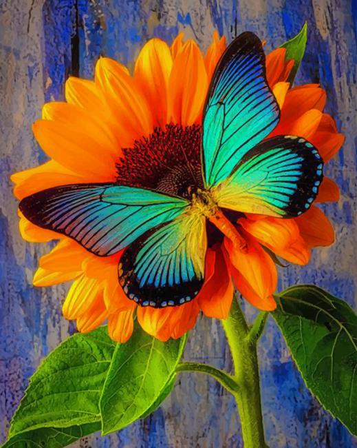 Big Blue Butterfly On Sunflower paint by numbers