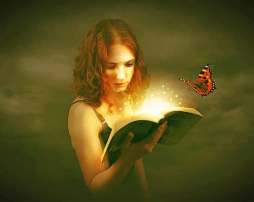 Girl Reading A Book With Butterfly paint by number