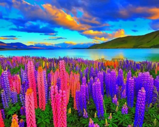 Lupines Fields Near Lake paint by number