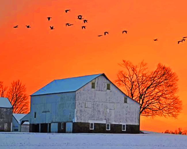 Winter Barn Sunset paint by numbers