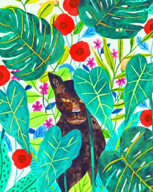 Black Panther With Flowers Illustration painnt by numbers