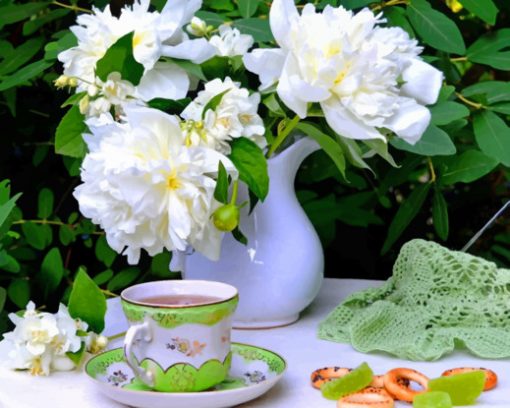 Tea With White Flowers Still Life paint by number