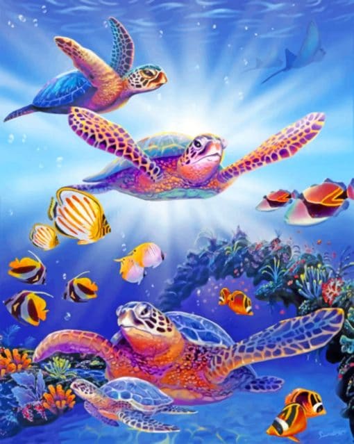 Sea Turtles And Fishes paint by numbers