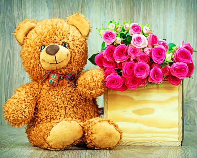 Teddy Bear And Flowers paint by numbers