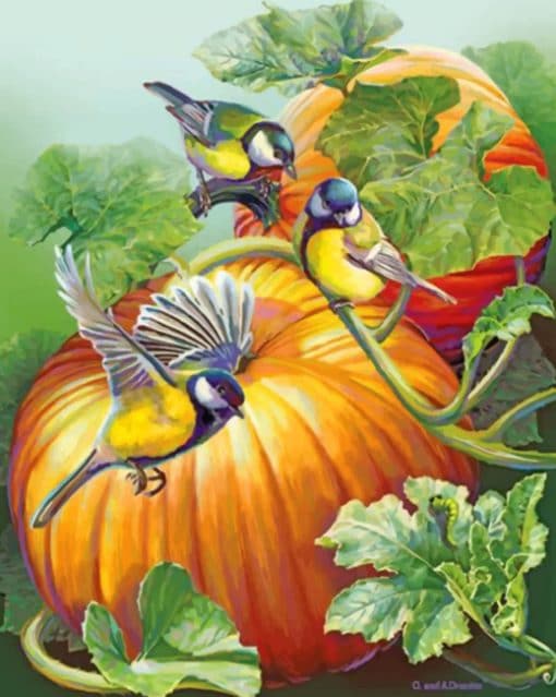Pumpkins And Yellow Birds Paint by numbers