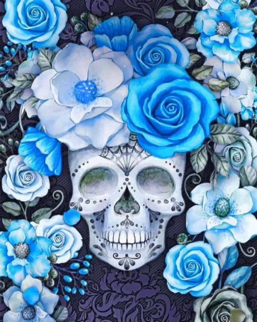 Skull And Cyan Flowers Paint by numbers
