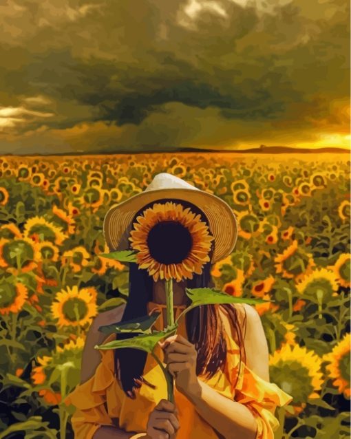 Girl Holding a Sunflower paint by numbers