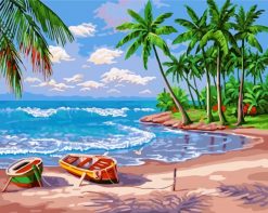 Beach Coconut Trees Fishing Boat paint by numbers