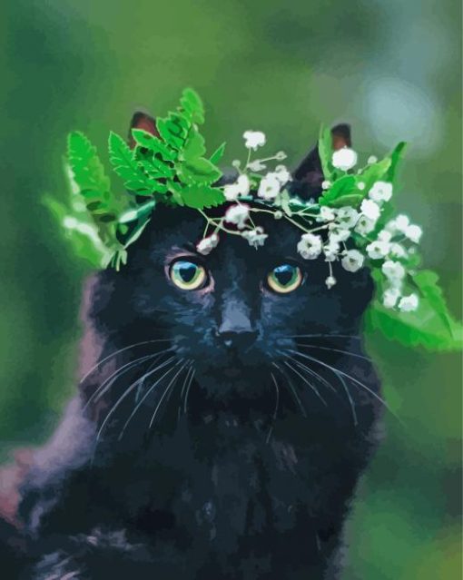 Black Cat Floral Crown paint by numbers