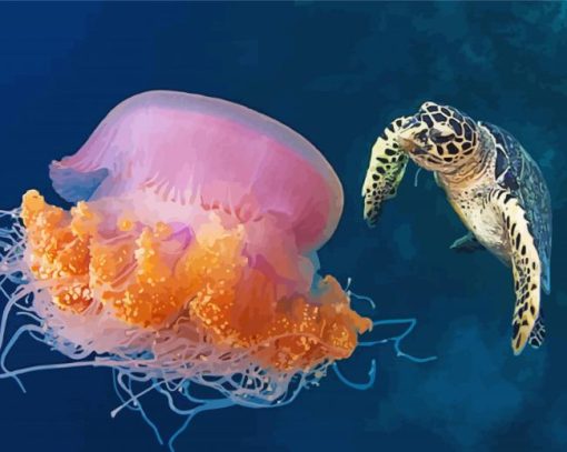 Turtle And Pink Jellyfish paint by number