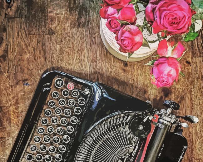 Vintage Typewriter With Pink Flowers paint by numbers