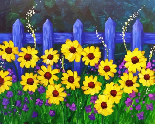 Yellow Flowers And Fence Art paint by numbers