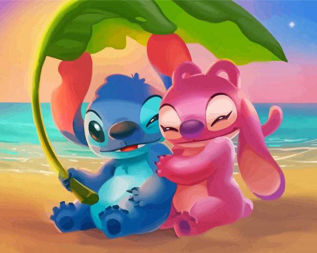 Angel And Stitch At Beach - Paint By Number - Paint by numbers for adult