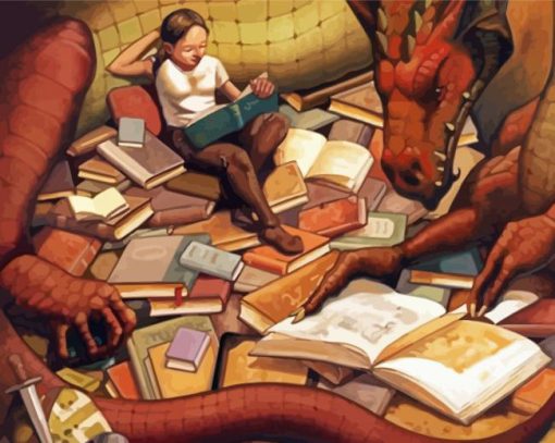 Girl And Dragon Reading Book paint by numbers